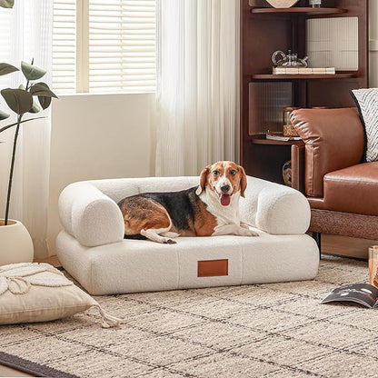 ATJafurn White Faux Shearling Dog Couch Bed for Large Dogs Under 70 lbs, 33.9 Inch Modern Tufted Elevated Dog Sofa with Leather Nameplate, Indoor Furniture Style Cute Raised Pet Sofa Bed (Large)