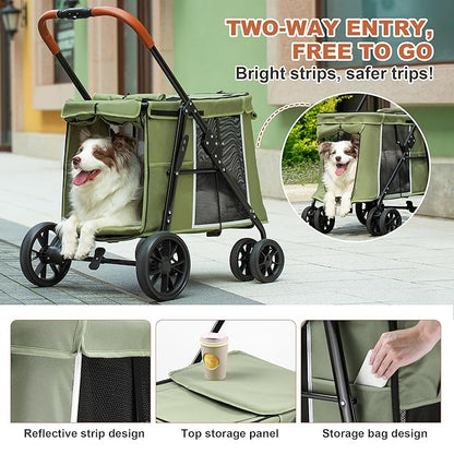 AOPEC Medium Dog Stroller, Dual Entry One-Touch Folding,Small and Medium Pet Stroller,360° Rotating Front Wheels,70 lbs Weight Capacity for Outdoor Travel and Elderly Dogs - Green