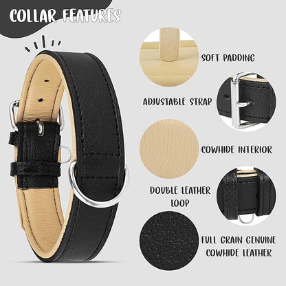 Riparo Leather Dog Collar - Heavy Duty Wide Dog Collar for Small, Medium, Large and Extra Large Dogs with Dog Tag Holder (L: 1.5" Wide for 17"-21" Neck, Black)