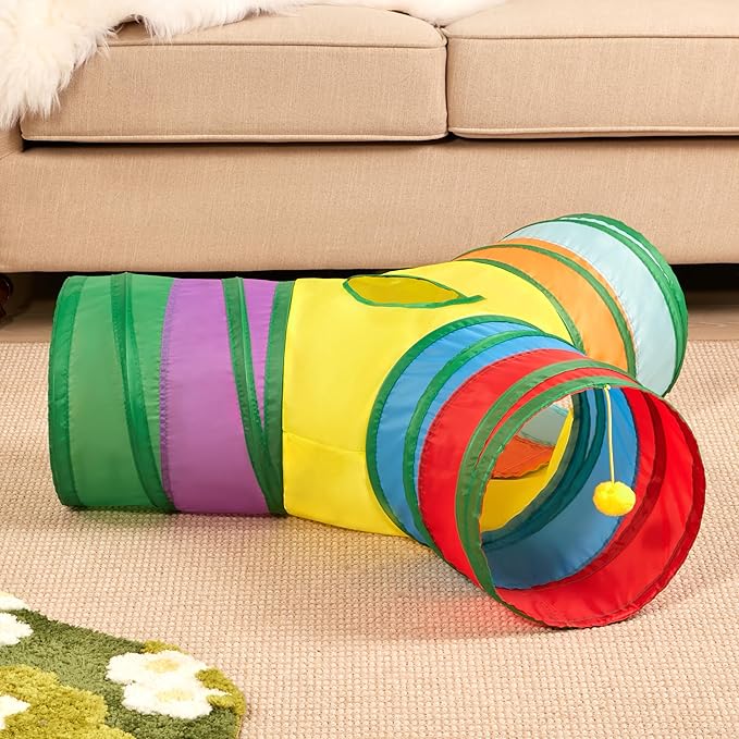 Tempcore Pet Cat Tunnel Collapsible Toy, 3-Way Kitty Tunnel with Peek Hole & Ball - Indoor Play Tube for Cats, Kittens, Puppy, Rabbit, Rabbit Rainbow