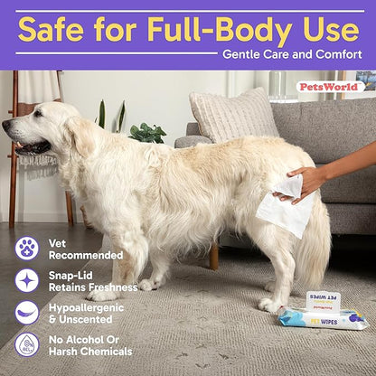 PETSWORLD Pet Wipes for Dogs & Cats, Unscented, Hypoallergenic, Chemical-Free, Biodegradable (98%), Thick & Durable, Textured Grooming Wipes (Unscented, 600 Count)