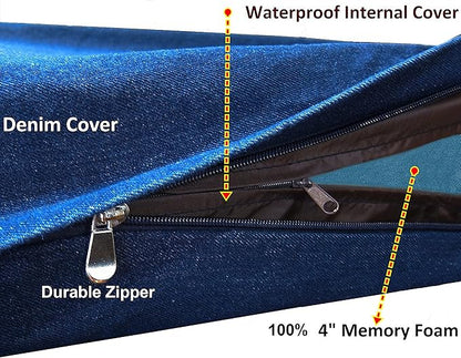 Dogbed4less Memory Foam Dog Bed for Extra Large Dogs, Orthopedic Ultra Plush Mattress, Thick Waterproof Lining and Durable Blue Denim Cover, Jumbo