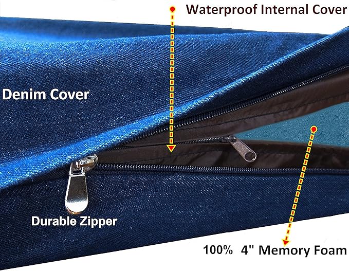 Dogbed4less Orthopedic Dog Bed with Memory Foam for Medium Large Pet, Waterproof Liner, Durable Denim Blue Cover, 41X27X4 Inch (Fit into 42X28 Crate)