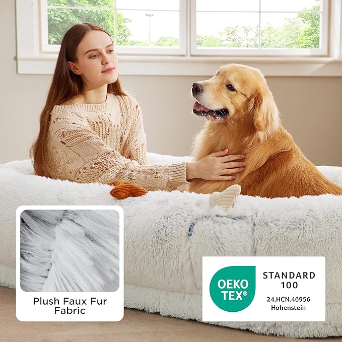 Bedsure Calming Human Dog Bed, 71" x 44" x 12" Giant Human Dog Bed for Adults People Fits Pet Families with Storage Pocket, Fluffy Faux Fur Orthopedic Pet Bean Bed, Frost Grey