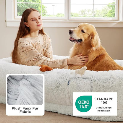 Bedsure Calming Human Dog Bed, 71" x 44" x 12" Giant Human Dog Bed for Adults People Fits Pet Families with Storage Pocket, Fluffy Faux Fur Orthopedic Pet Bean Bed, Frost Grey