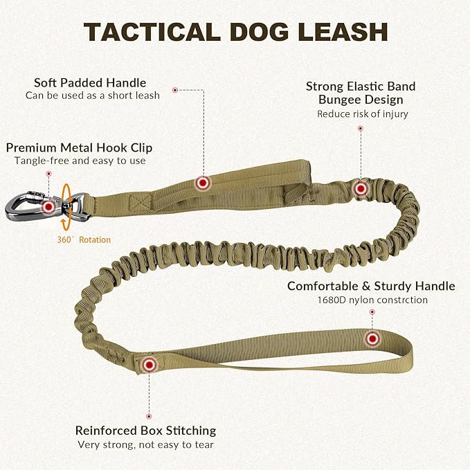 Tactical Dog Collar and Bungee Leash, Camo Military Dog Collar & Leash Set with USA American Flag Adjustable K9 Collar with Heavy Duty Metal Buckle & Handle,with Patches and Airtags Case (XL, Brown)
