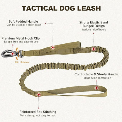 Tactical Dog Collar and Bungee Leash, Camo Military Dog Collar & Leash Set with USA American Flag Adjustable K9 Collar with Heavy Duty Metal Buckle & Handle,with Patches and Airtags Case (XL, Brown)