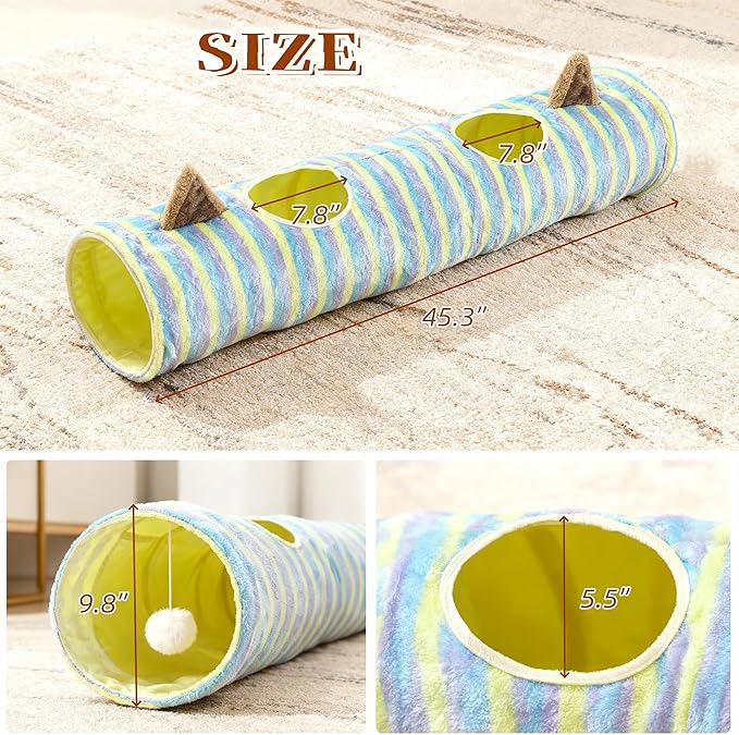 Cat Tunnel, 45" Cats Toys Collapsible Tunnel Straight Tube with a Fun Ball and 2 Holes, for Rabbits, Kittens, Ferrets, Puppy, Diameter 9.8 Inch