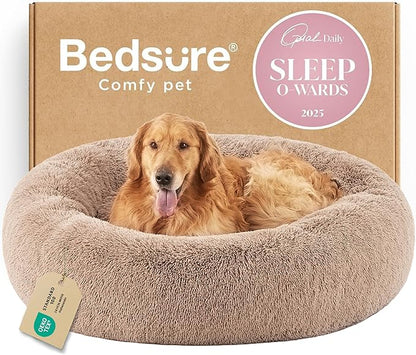 Bedsure Calming Dog Bed for Extra Large Dogs - Donut Washable Large Pet Bed, 45 inches Anti-Slip Round Fluffy Plush Faux Fur Dog Bed, Fits up to 120 lbs Pets, Camel