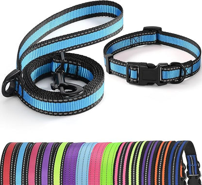 Mile High Life Reflective Dog Collar Leash Set - Adjustable for Small, Medium, Large Dogs (Reflective Edge Blue, Large, Pack of 2)