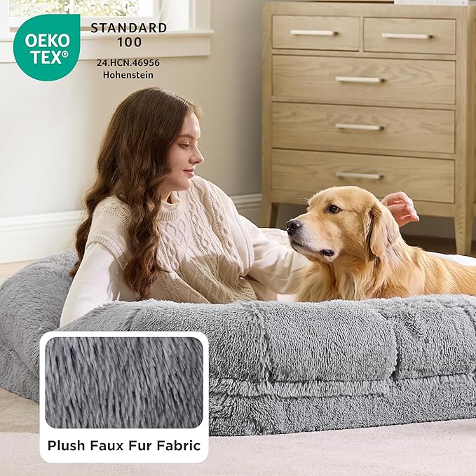 Bedsure Foldable Human Dog Bed -Giant Dog Bed for Adult People with Supportive Bolster Egg Foam, Waterproof Liner, Calming Fluffy Faux Fur Orthopedic Big Bean Bed, Light Grey