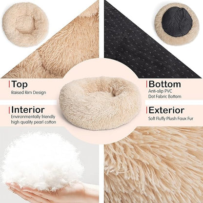 Calming Dog Bed for Medium Dogs Washable Donut 30 inches Anti-Slip Pet Bed,Round Fluffy Plush Faux Fur Cat Bed,Fits up to 45 lbs Pets,Beige