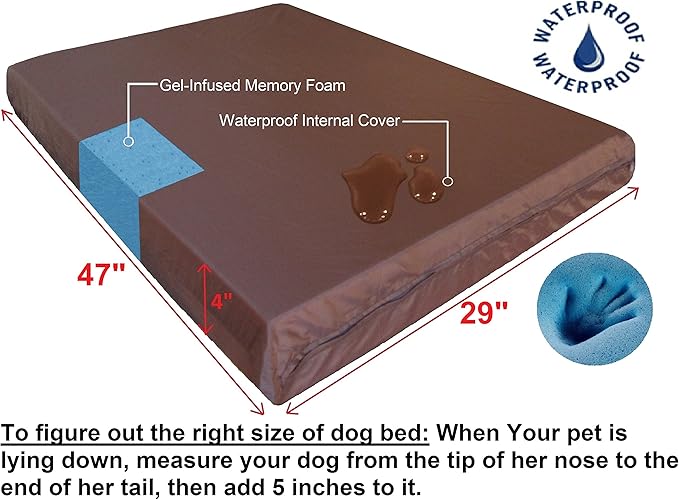 Dogbed4less XL Orthopedic Gel Cooling Memory Foam Dog Bed for Large Pet, Waterproof Liner and 1680 Nylon Brown External Cover, 47X29X4 Inches (Fit 48X30 Crate)