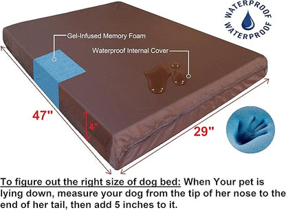 Dogbed4less XL Orthopedic Gel Cooling Memory Foam Dog Bed for Large Pet, Waterproof Liner and 1680 Nylon Brown External Cover, 47X29X4 Inches (Fit 48X30 Crate)
