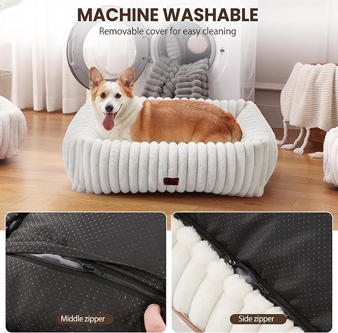 Warmrest Washable Dog Bed for Small Medium Dogs - Rectangle Orthopedic Corduroy Fleece Pet Bed with Removable Cover and Nonskid Bottom, Calming Puppy Bed Soft Pet Sofa, Cream(30x24x8inchs)