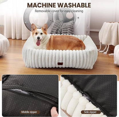 Warmrest Washable Dog Bed for Small Medium Dogs - Rectangle Orthopedic Corduroy Fleece Pet Bed with Removable Cover and Nonskid Bottom, Calming Puppy Bed Soft Pet Sofa, Cream(30x24x8inchs)