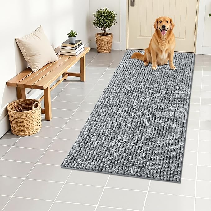 OLANLY Dog Door Mat for Muddy Paws 44x24, Ultra Absorbent Chenille Mud Doormat, Non-Slip Washable and Dirt Trapping Doormat for Indoor Entryway, Quick-Dry Indoor Pet Bed Mats for Dogs, Grey