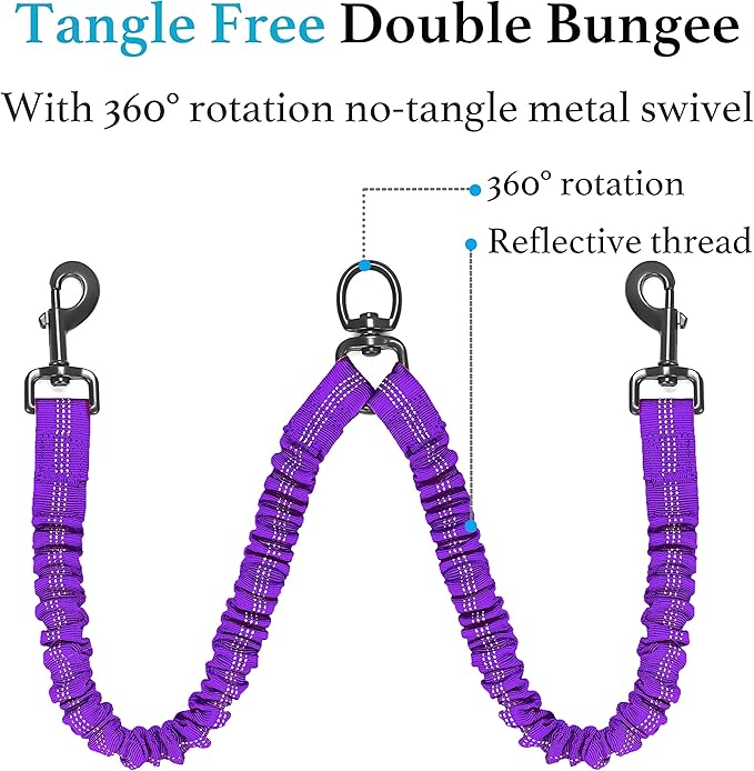 iYoShop Dual Dog Leash - 360° Swivel, No Tangle Walking Leash with Shock Absorbing Bungee for Two Dogs (Large, 25-150 lbs, Purple)
