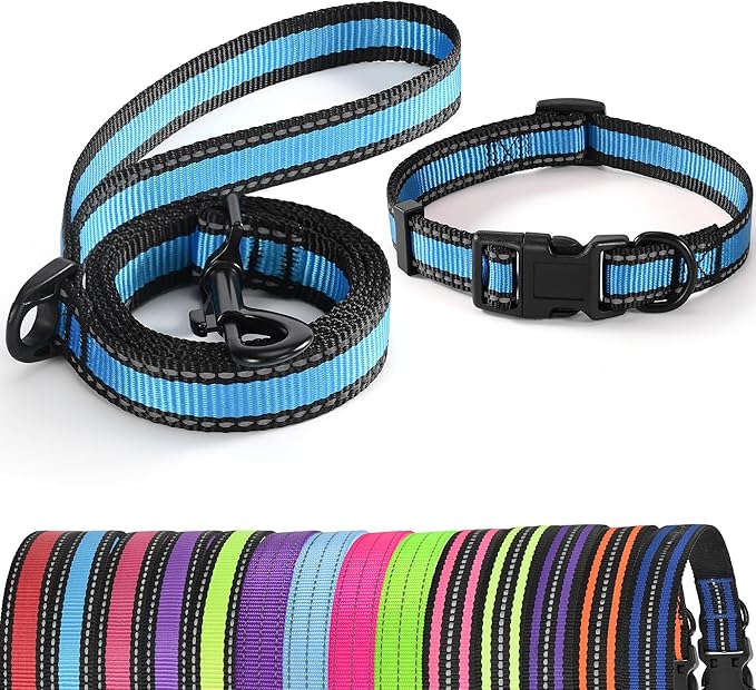 Mile High Life | Reflective Small Medium Dog Collar Leash Set, Adjustable Collar Leash Set (Reflective Edge Blue, Medium (Pack of 2))