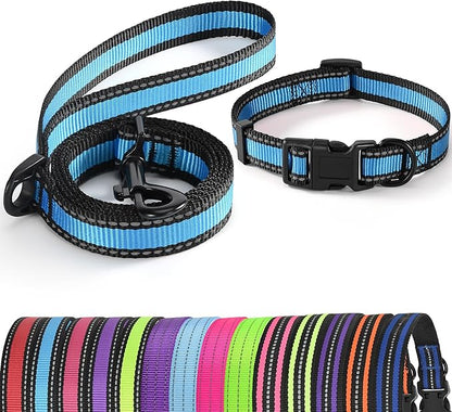 Mile High Life | Reflective Small Medium Dog Collar Leash Set, Adjustable Collar Leash Set (Reflective Edge Blue, Medium (Pack of 2))