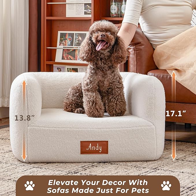 ATJafurn White Faux Shearling Dog Couch Bed for Small Dogs Cats Under 35 lbs, 25.6 Inch Modern Elevated Cat Sofa with Leather Nameplate, Indoor Furniture Style Cute Raised Pet Sofa Bed (Small)