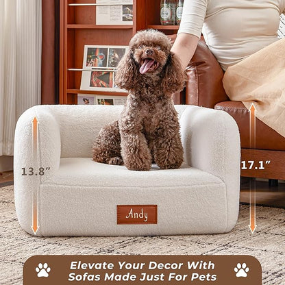 ATJafurn White Faux Shearling Dog Couch Bed for Small Dogs Cats Under 35 lbs, 25.6 Inch Modern Elevated Cat Sofa with Leather Nameplate, Indoor Furniture Style Cute Raised Pet Sofa Bed (Small)