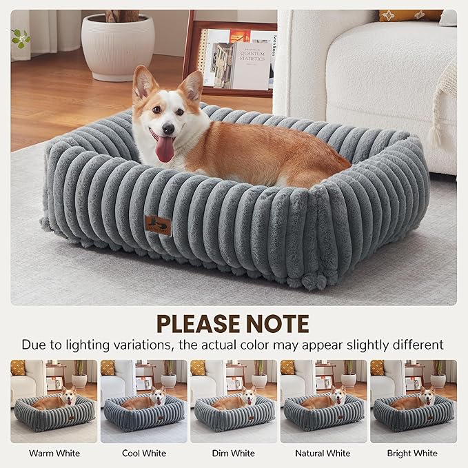 Warmrest Washable Dog Bed for Small Medium Dogs - Rectangle Orthopedic Corduroy Fleece Pet Bed with Removable Cover and Nonskid Bottom, Calming Puppy Bed Soft Pet Sofa, Grey(35x25x9inchs)