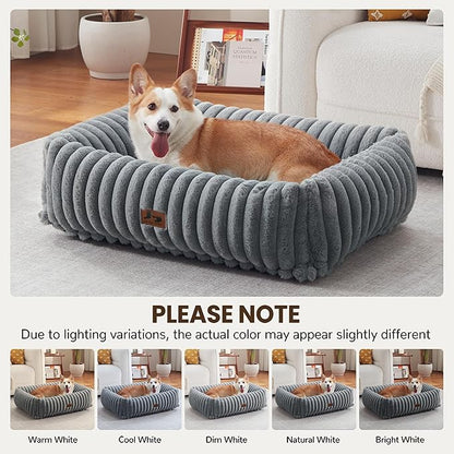 Warmrest Washable Dog Bed for Small Medium Dogs - Rectangle Orthopedic Corduroy Fleece Pet Bed with Removable Cover and Nonskid Bottom, Calming Puppy Bed Soft Pet Sofa, Grey(35x25x9inchs)