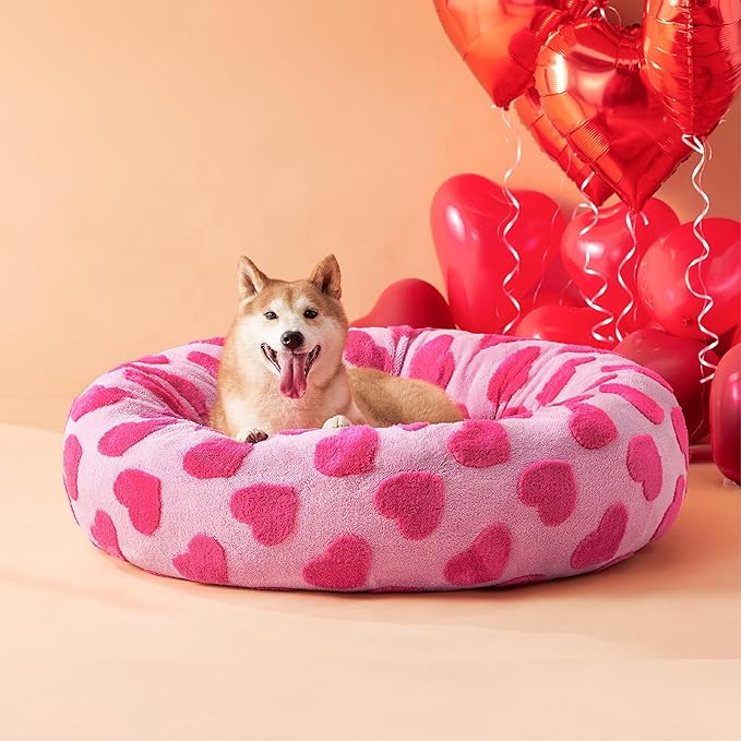Lesure Shown on TV Donut Large Dog Bed - XL Round Beds Indoor Calming Valentine's Day Gift for Pets, Washable Cute Home Decor Beds with Jacquard Shaggy Plush & Anti Slip Bottom, 36 Inch, Lover Hearts