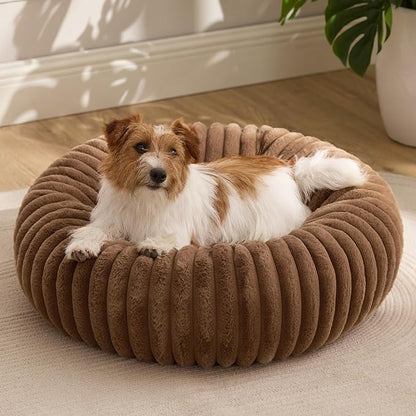 Bedsure ComfyFleece Donut Small Dog Bed - Dog Beds for Small Dogs with Corduroy Fleece & Anti Slip Bottom, Round Faux Fur Pet Beds with Washable Removable Cover, Camel Brown, 27x27x8 inches