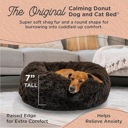 Best Friends by Sheri The Original Calming Donut Dog Bed – Washable Plush Pet Bed for Cats & Small Dogs up to 25 lbs, Shag Faux Fur, Dark Chocolate, Small (23" x 23")