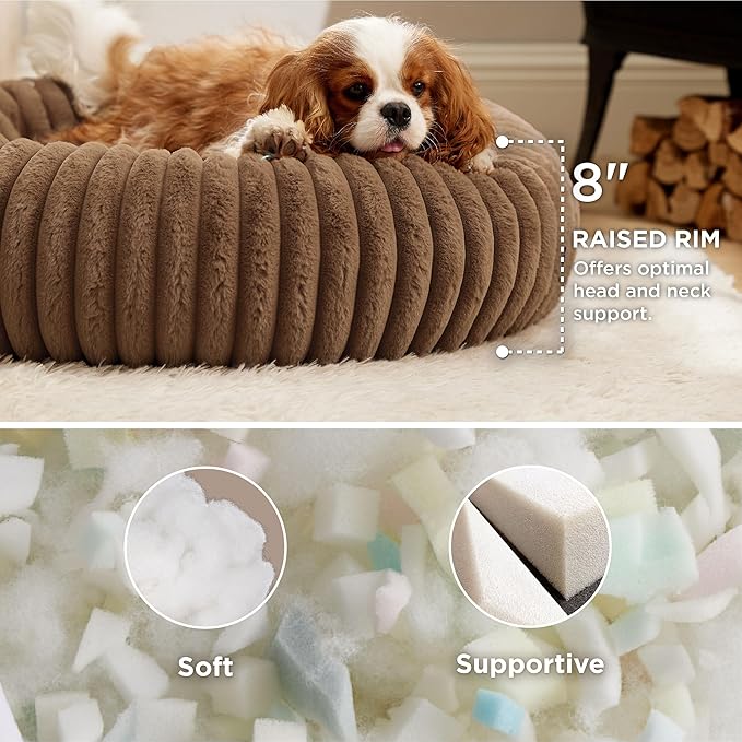 Bedsure ComfyFleece Donut Medium Dog Bed - Washable Faux Fur with Corduroy Fleece & Anti Slip Bottom, Round Pet Bed with Removable Cover, Camel Brown, 30x30x8 inches