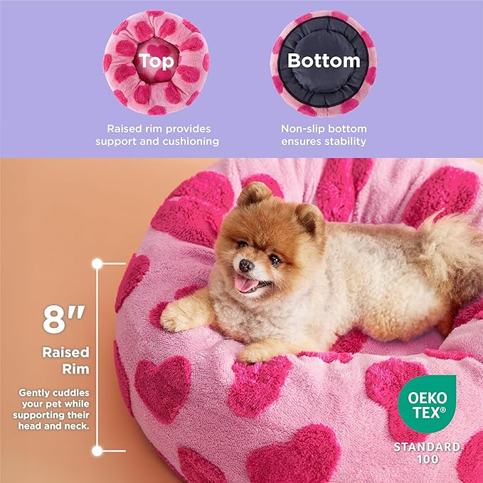 LE SURE Donut Small Dog Bed - Round Cat Beds Indoor Calming Valentine's Day Gift for Pets, Washable Cute Home Decor Beds with Jacquard Shaggy Plush & Anti Slip Bottom, 23 Inch, Lover Hearts