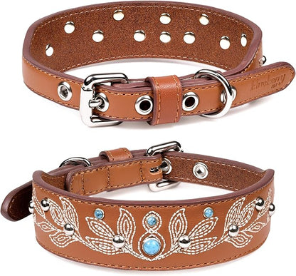 Blueberry Pet Western Dog Collar in Canyon Brown - 12-15 Inch Necks Floral-Embroidered Leather with Turquoise Studs, Dog Collars for Small Dogs, Adjustable Leather Girl Dog Collar