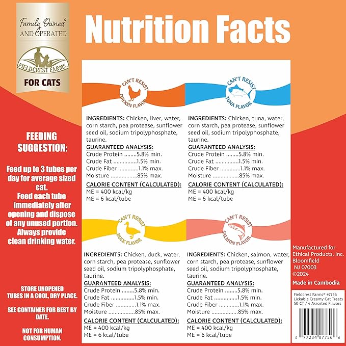 Fieldcrest Farms Lickable Creamy Cat Treats – 50ct Variety Pack – 4 Savory Flavors (Chicken, Tuna, Duck, Salmon) with Taurine – Smooth, Tasty Cat Treat Tubes – Serve by Hand, Dish, or as a Topper