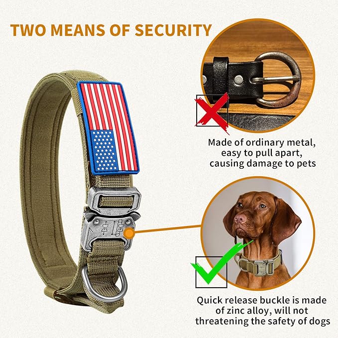Tactical Dog Collar, Adjustable Nylon, Heavy Duty Metal Buckle with Handle, Airtag Protective Case, Brown, L, Medium & Large Breeds