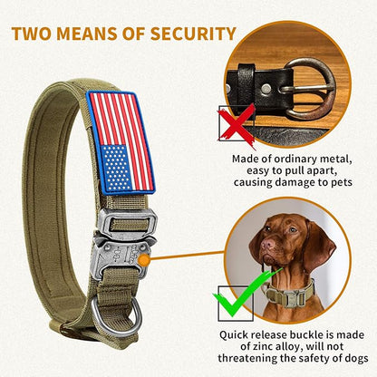 Tactical Dog Collar, Adjustable Nylon, Heavy Duty Metal Buckle with Handle, Airtag Protective Case, Brown, L, Medium & Large Breeds