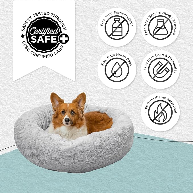 Best Friends by Sheri The Original Calming Donut Dog Bed – Washable Plush Pet Bed for Medium Breeds up to 45 lbs, Lux Faux Fur, Gray, Medium (30" x 30")