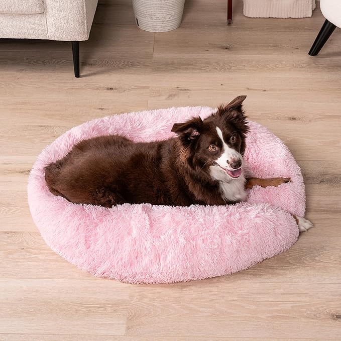 PetAmi Calming Dog Bed for Small & Medium Dogs and Cats, 30” Round Donut Dog Bed, Washable Fluffy Faux Fur Puppy & Cat Bed, Anti-Anxiety Plush Cuddler Pet Bed with Anti-Slip Bottom - Pink