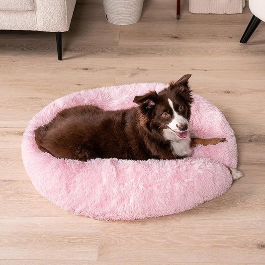 PetAmi Calming Dog Bed for Small & Medium Dogs and Cats, 30” Round Donut Dog Bed, Washable Fluffy Faux Fur Puppy & Cat Bed, Anti-Anxiety Plush Cuddler Pet Bed with Anti-Slip Bottom - Pink