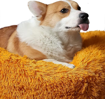 Calming Dog Bed for Medium Dogs Washable Donut 30 inches Anti-Slip Pet Bed,Round Fluffy Plush Faux Fur Cat Bed,Fits up to 45 lbs Pets,Orange