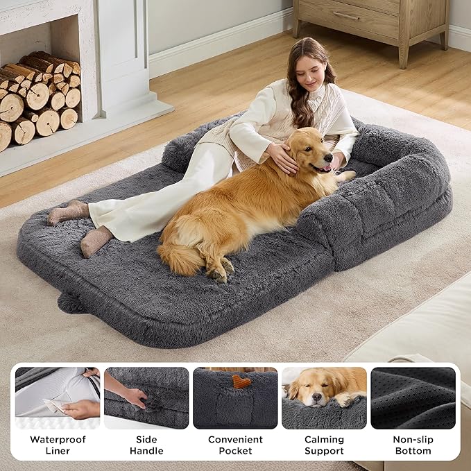 Bedsure Foldable Human Dog Bed - 2 in 1 Flexible Giant Human Dog Bed for Adult People with Supportive Bolster Egg Foam, Waterproof Liner, Calming Fluffy Faux Fur Orthopedic Big Bean Bed, Dark Grey