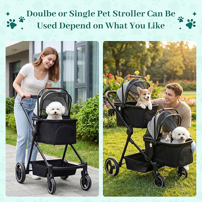 Foldable Double Pet Stroller for 2 Small Medium Cats or Dogs, Lightweight Single and Double Integrated Pet Stroller with Detachable Carriers