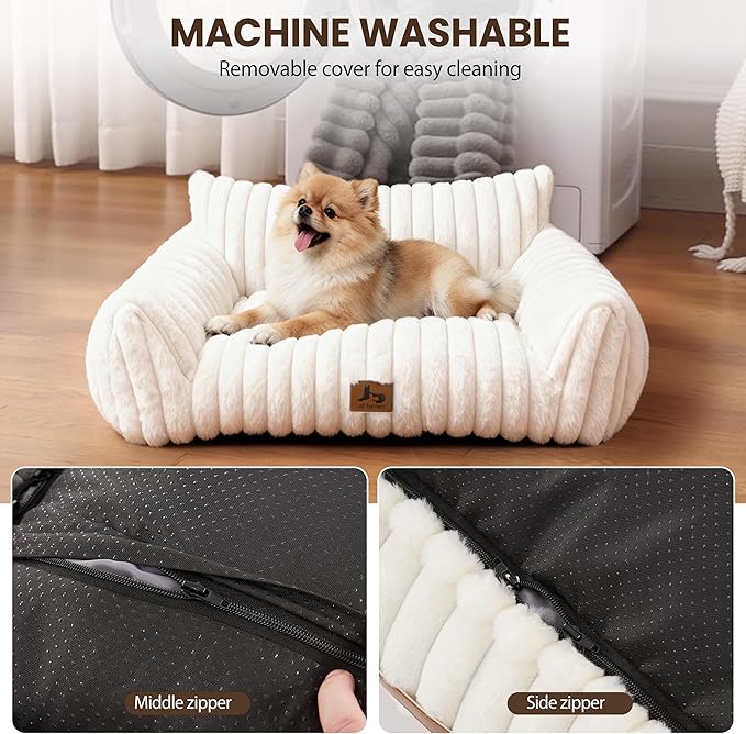 Warmrest Cat Couch for Pets, Cute Small Dog Couch Bed with Cozy Soft Faux Rabbit Fur for Small Dogs, Fuzzy Dog Couch for Indoor Cats, Supportive Pet Sofa with Removable Washable Cover, Cream, 30"