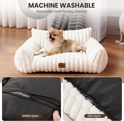 Warmrest Cat Couch for Pets, Cute Small Dog Couch Bed with Cozy Soft Faux Rabbit Fur for Small Dogs, Fuzzy Dog Couch for Indoor Cats, Supportive Pet Sofa with Removable Washable Cover, Cream, 30"