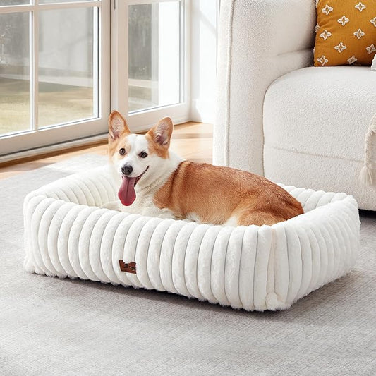 Warmrest Washable Dog Bed for Small Medium Dogs - Rectangle Orthopedic Corduroy Fleece Pet Bed with Removable Cover and Nonskid Bottom, Calming Puppy Bed Soft Pet Sofa, Cream(35x25x9inchs)
