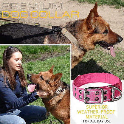ADITYNA Heavy Duty Reflective Pink Dog Collar with Handle - Wide, Neoprene Padded for Large Female Dogs - Tactical, Durable, Comfortable for Walking, Training, Hiking