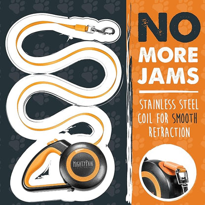 Mighty Paw Retractable Dog Leash 2.0 | 16' Heavy Duty Reflective Nylon Tape Lead for Pets up to 0-50 lbs. Tangle Free Design W/One Touch Quick-Lock Braking System & Anti-Slip Handle (Orange/Lite)