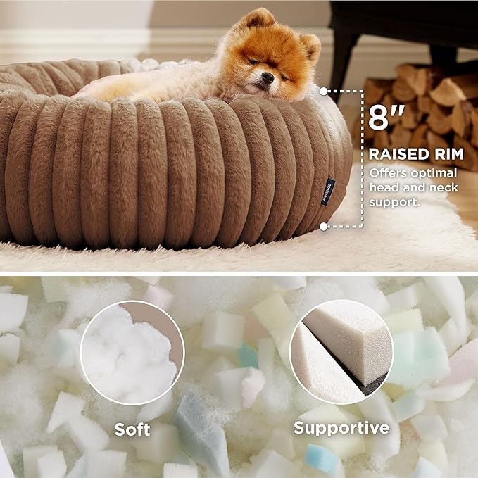 Bedsure ComfyFleece Donut Small Dog Bed - Dog Beds for Small Dogs with Corduroy Fleece & Anti Slip Bottom, Round Faux Fur Pet Beds with Washable Removable Cover, Camel Brown, 23x23x7 inches