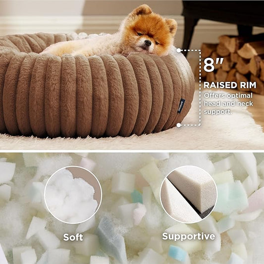 Bedsure ComfyFleece Donut Small Dog Bed - Dog Beds for Small Dogs with Corduroy Fleece & Anti Slip Bottom, Round Faux Fur Pet Beds with Washable Removable Cover, Camel Brown, 23x23x7 inches